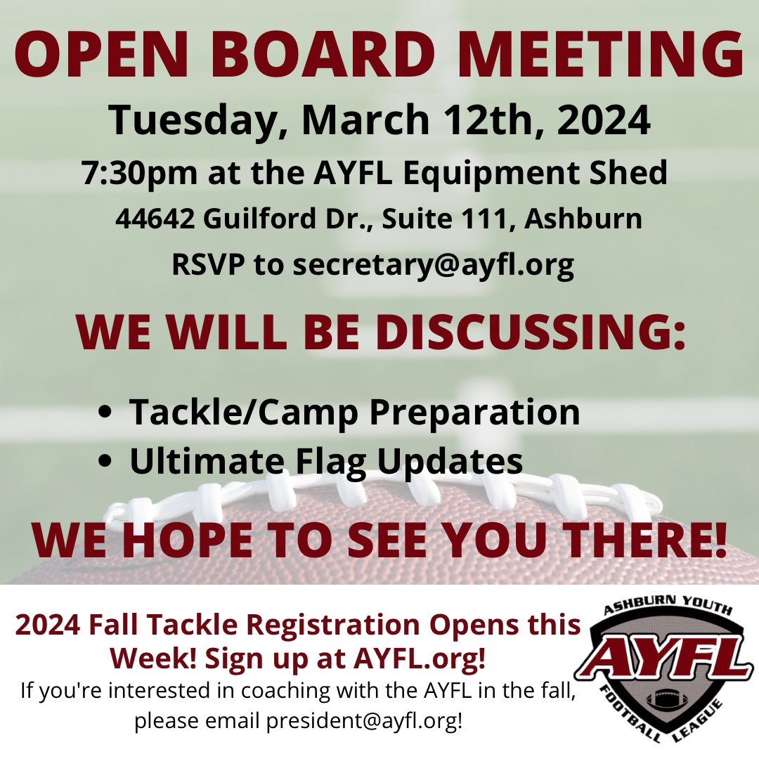AYFL's tweet photo. ANNOUNCEMENT: Open board meeting this Tuesday (March 12th) at the AYFL Equipment Shed! All AYFL parents are invited! 

RSVP to secretary@ayfl.org!

#AYFL #NOVA #Ashburn #Loudoun #YouthFootball #Football #FlagFootball #Cheer #YouthCheer https://t.co/KkkCNBT0LM