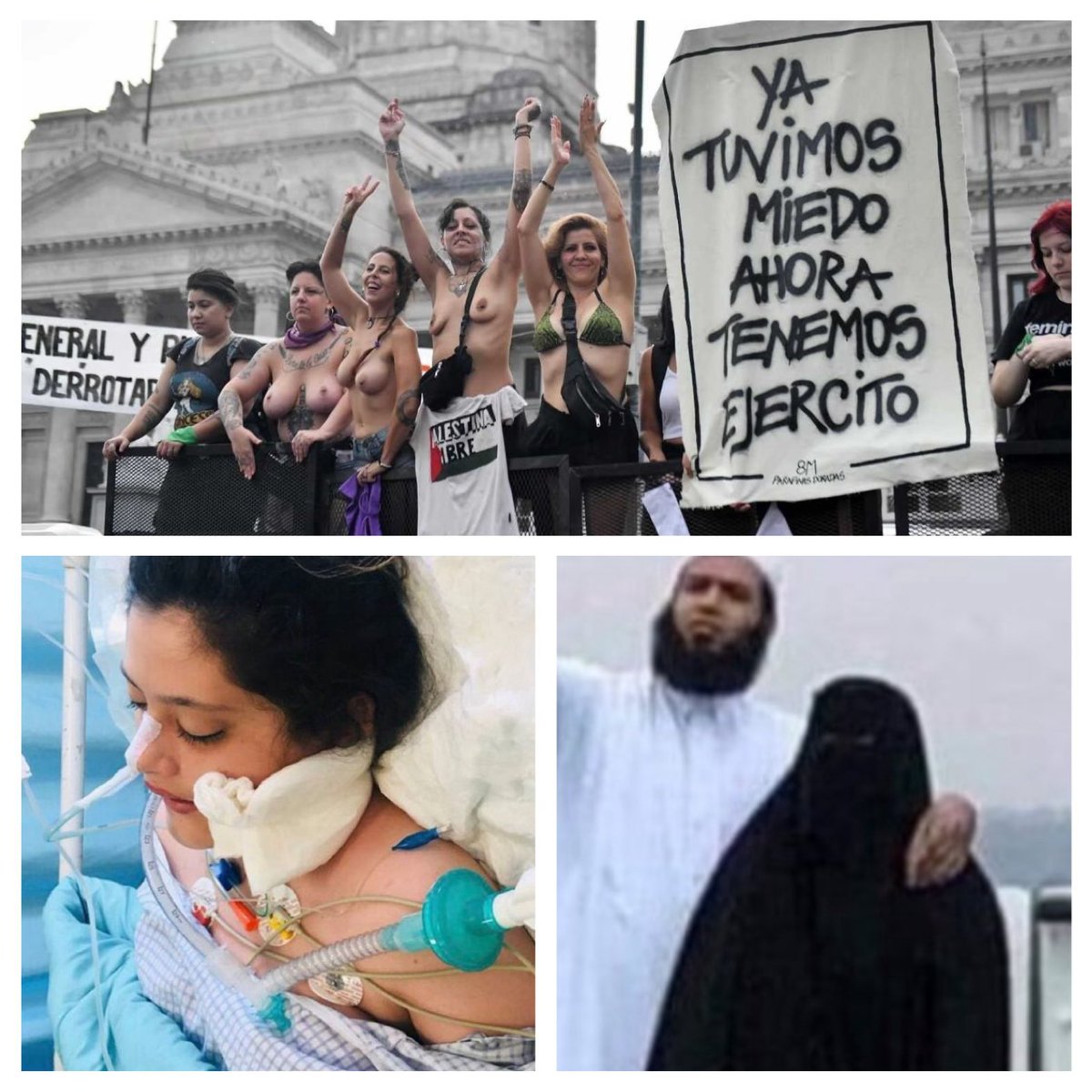 DanikatzOk's tweet photo. Abajo a la izquierda: lo que le hicieron a Mahsa Amini por no usar correctamente el velo: LA ASESINARON. 
Abajo a la derecha: única forma que tiene una mujer de sobrevivir. Si acata las órdenes de “su hombre”. 
Arriba: las “fake feministas” que defienden las dictaduras y el accionar terrorista de las personas que terminaron con la vida de Mahsa. 
Les ofrezco pasajes para Irán, Gaza o cualquiera de esos lugares que tanto aman. Me intriga saber cuánto duran en bolas. Aceptan? 

#gaza #israel