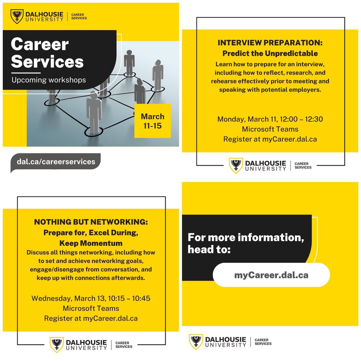 DALBSSC's tweet photo. Check out next week's exciting lineup of Career Services workshops. Available to all Dal & University of King's College students as well as recent alumni. Register and learn more at https://t.co/2i15xKYDaM. #DalhousieU #DalStudentSuccess #careerplanning #interviews #networking https://t.co/pUTGJBfdHo