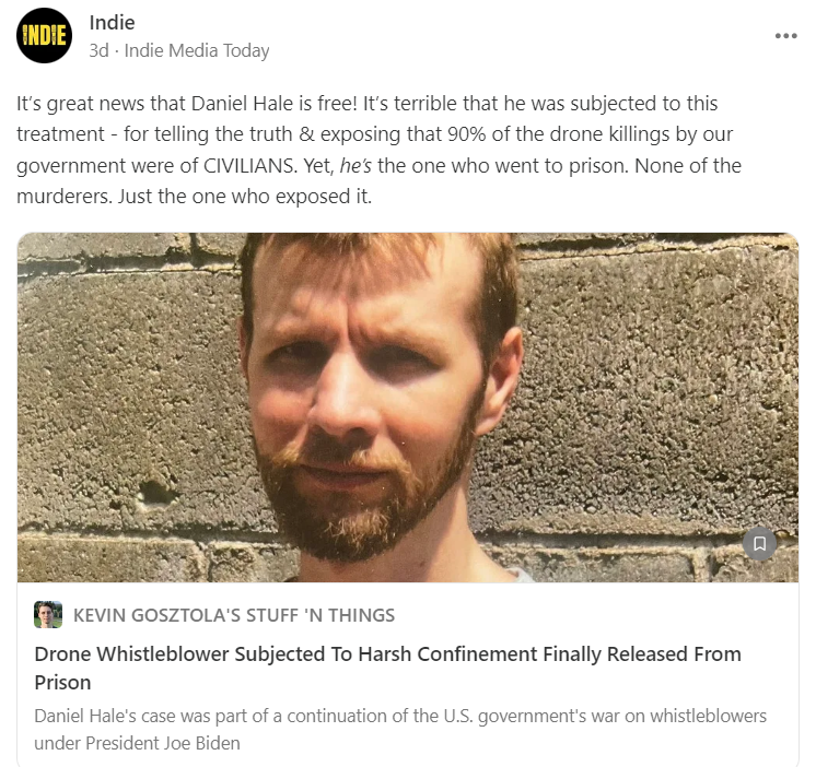Drone whistleblower #DanielHale was released from prison in February after 33 months of harsh confinement. #Trump DOJ indicted him, but his case became the FIRST MAJOR Espionage Act conviction secured by prosecutors under #Biden. #Uniparty 
🫘thedissenter.org/drone-whistleb…