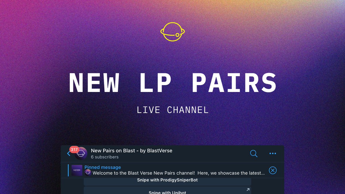 BlastVerseIO's tweet photo. 🪐 Happy to announce that our New LP Pairs channel is now live in Beta!

All newly created LP pairs are being broadcasted in real-time, keeping you up-to-date with the latest opportunities. 

Remember to DYOR!

Join the channel and share with your degens: https://t.co/R3XcE8LQ1N https://t.co/d1YPdqKO8n