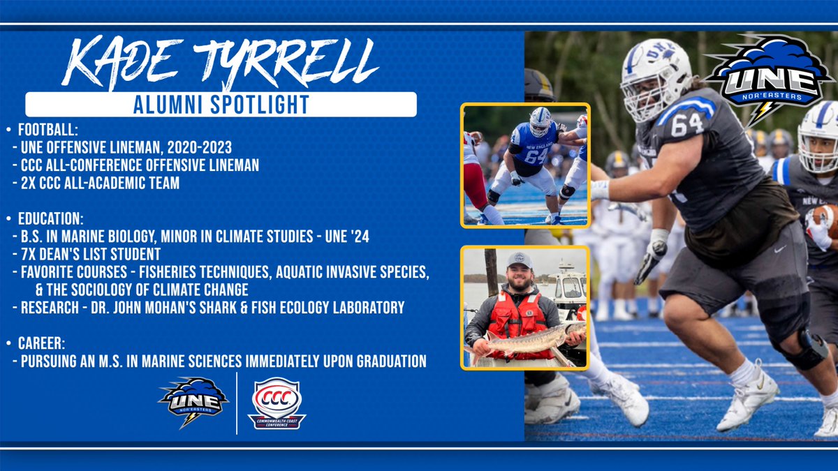 This week our spotlight found one of our newest graduates, Kade Tyrrell. An All-Conference OL and All-Academic Student, Kade is one of the most successful "Fish Kids" our program has had. The Rhode Islander will be pursuing a graduate degree in Marine Biology next year. 🌩️🏈 #STG