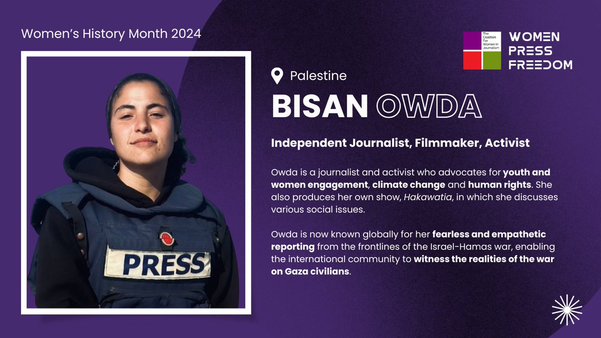 Today for #WomensHistoryMonth we spotlight the fearless Palestinian journalist @wizardbisan whose on-ground reporting has unraveled the impact of the war in Gaza. Owda risks her life every day to tell the truth & her work has reshaped the impact of journalism in a polarized world
