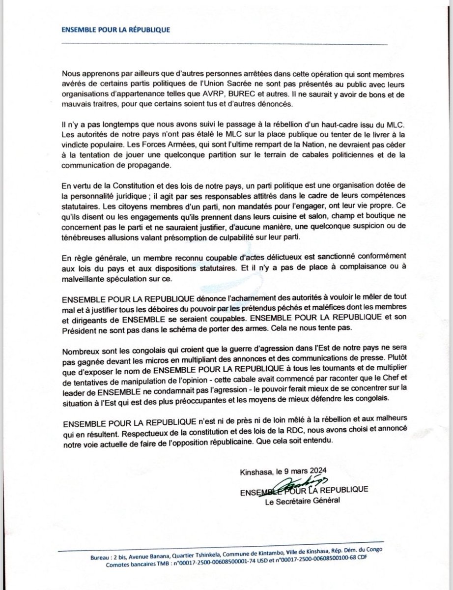 Mise au point du parti Ensemble au sujet de l’arrestation des présumés traités présentés au public à Goma. Le parti dit ne pas être ni de près ni de loin allié aux rebelles du M23. Croyez vous à celà ? #PRTwitter #DTCfam