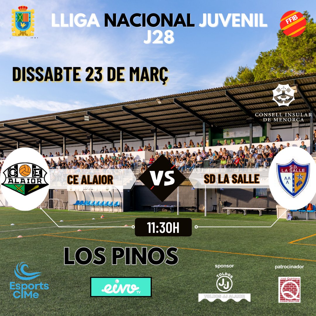 💥 DISSABTE DIA PARTIT! Lliga Nacional Juvenil! #unanypersomiar 💯 No t'ho pots perdre 🖤🤍 #MésQueMai #nevergiveup

🔝CE Alaior 🆚 UD Ibiza
 🖥 Segueix-lo també per app eivotv
 🪧 Dissabte 23
⌚️11:30h
🎯Los Pinos