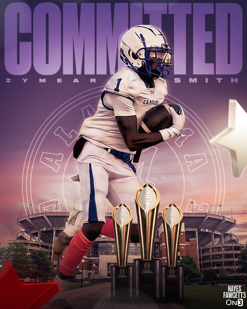 Hayesfawcett3's tweet photo. BREAKING: Four-Star ATH Zymear Smith tells me he has Committed to Alabama!

The 5’11 170 ATH from Ridgley, MD chose the Crimson Tide over Georgia, Tennessee, & Texas

“Their defensive scheme matches my play style & I feel that it would be best for my future.”

https://t.co/GCl0q20F6d