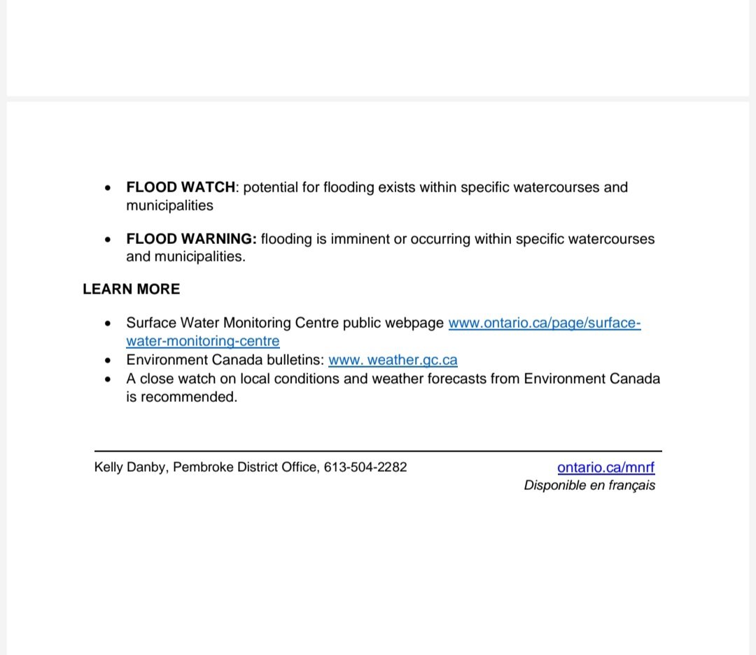 RenfrewCounty's tweet photo. Please note the @ONresources - Pembroke District has issued a Watershed Conditions Statement - Water Safety bulletin for #RenfrewCounty. The bulletin remains in effect until March 15, 2024. See the details below.
#SpringFreshet
#WatershedConditionsStatement
#WaterSafety https://t.co/rHnGgRIxtQ