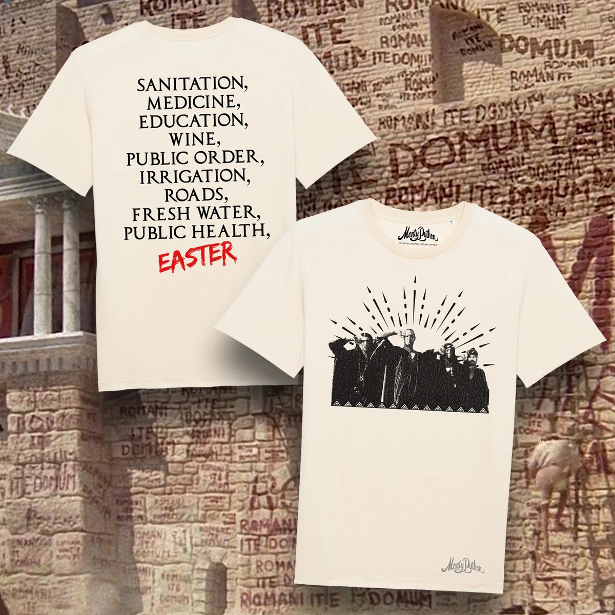 Have you got your #MontyPython Easter T-Shirt yet? Look on the bright side this Easter with the #MontyPython 'What Have The Romans Ever Done For Us?' T-Shirt! Available now at: montypythononlinestore.com/products/what-… #LifeOfBrian #Easter #GrahamChapman #MichaelPalin #TerryJones #JohnCleese