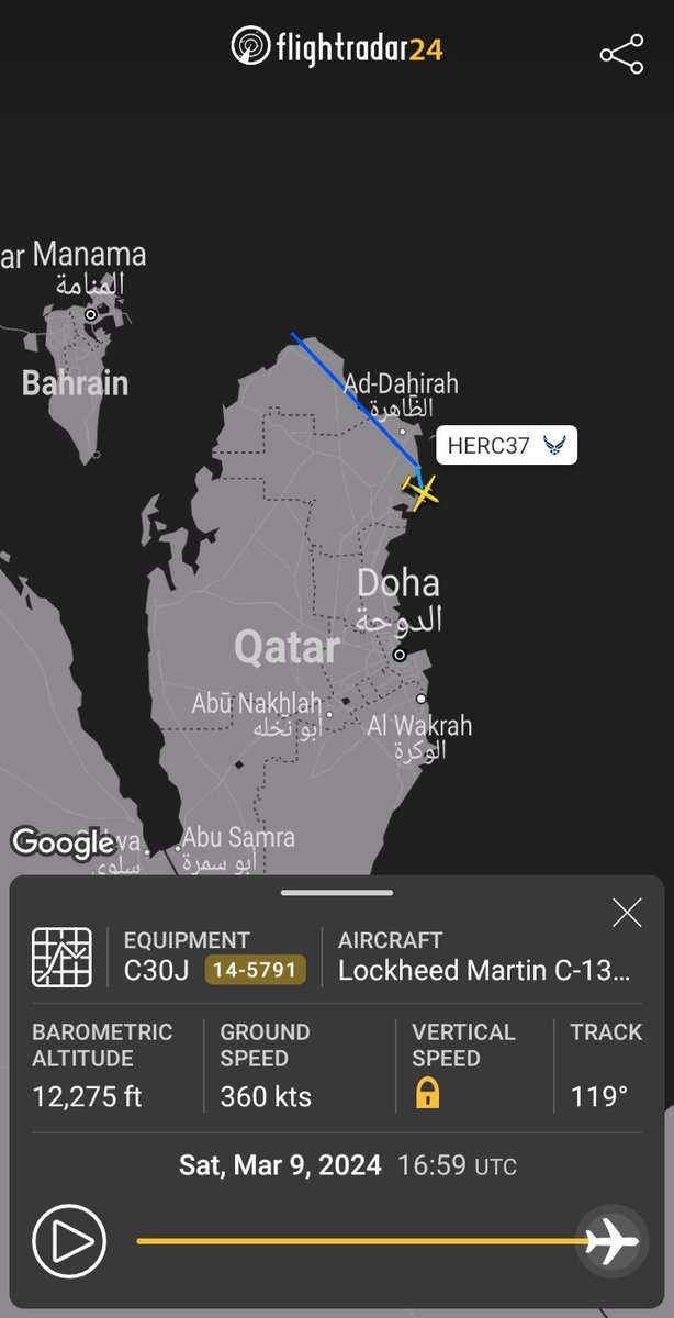 SomeFrench1991's tweet photo. The US Super Hercules took off from Kuwait, later they circled Amman by the North
🇺🇸 #USAF C-130J-30 Super Hercules
14-5791 | #AE595D as #HERC37
10-5700 | #AE4BDD as #HERC38
07-8613 | #AE293A as #HERC39
And an unidentified 4th airframe
https://t.co/5OjZqVakOR https://t.co/6VpFcIY27W