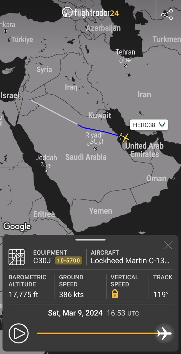 SomeFrench1991's tweet photo. The US Super Hercules took off from Kuwait, later they circled Amman by the North
🇺🇸 #USAF C-130J-30 Super Hercules
14-5791 | #AE595D as #HERC37
10-5700 | #AE4BDD as #HERC38
07-8613 | #AE293A as #HERC39
And an unidentified 4th airframe
https://t.co/5OjZqVakOR https://t.co/6VpFcIY27W