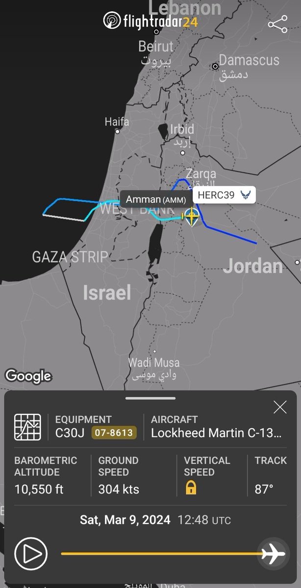 SomeFrench1991's tweet photo. The US Super Hercules took off from Kuwait, later they circled Amman by the North
🇺🇸 #USAF C-130J-30 Super Hercules
14-5791 | #AE595D as #HERC37
10-5700 | #AE4BDD as #HERC38
07-8613 | #AE293A as #HERC39
And an unidentified 4th airframe
https://t.co/5OjZqVakOR https://t.co/6VpFcIY27W