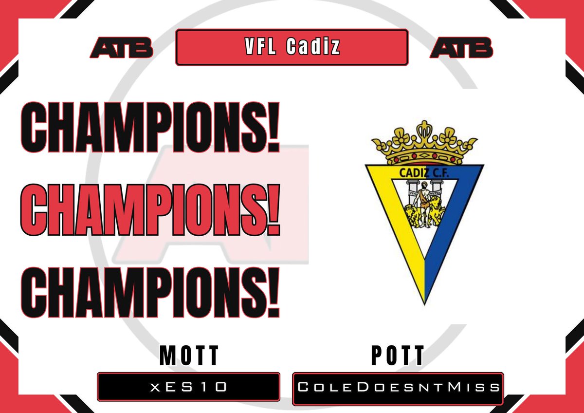 🏆| ATB RESULTS!🏆
📅| 08/03/2024 
⚽️| 32 Teams (Side A)
 —————————  

🥇-  VFL Cadiz 
🥈- VFL PSG 

🏁- Score - 5-1

👔MOTT -xES10
⭐️POTT - ColeDoesntMiss 
————————- 
Thanks once again to all who participated! #ATB #FC24 #eSports #11v11 #proclubs