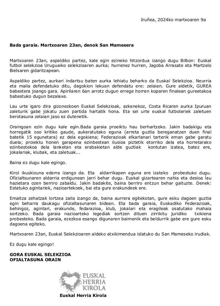 ✅ Bada garaia. Martxoaren 23an, denok San Mamesera
✍️ Euskal Herria Kirola
#EuskalSelekzioa #Ofizialtasuna  
▶️ [PDF] ehkirola.eus/wp-content/upl…