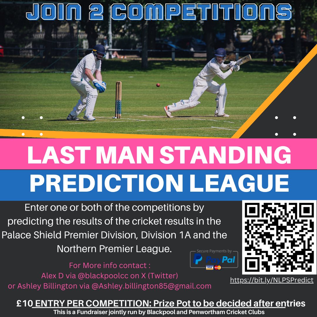 Joining forces with Ash at @PenworthamCC to offer Two predictions competitions based on the top divisions of the @npremierleague and @pscricket Don’t leave it too late