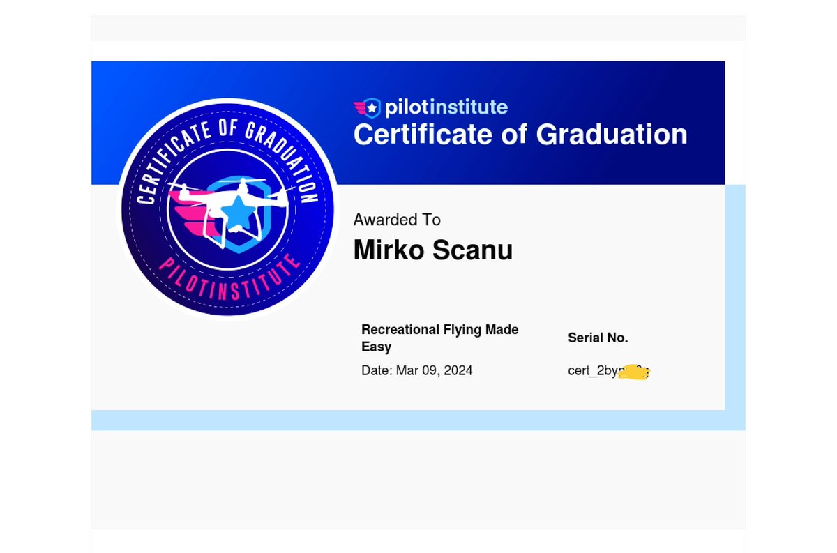 mirkoscanu's tweet photo. Certificato "Modalità di volo ricreativo facile" @pilot_institute @PilotInstitute #pilotinstitute https://t.co/Mrd5HK66AD