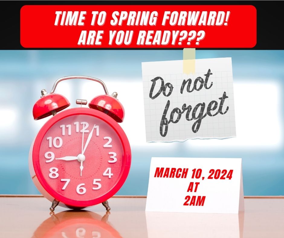 The time has come to spring forward! Don't forget to set your clocks ahead by one hour tonight for daylight saving time! 🕒 #PWCACDST #SpringForward #DaylightSavingTime