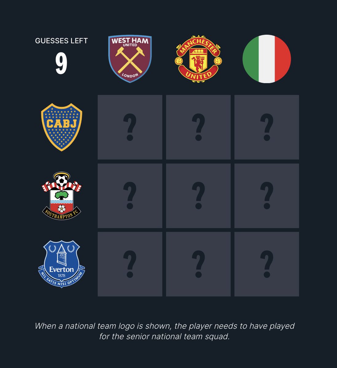 ⚽️ Football Grid #213

Play here: acmomento.com/football-grid                                  

Quote RT or Reply with your scores! #footballgrid