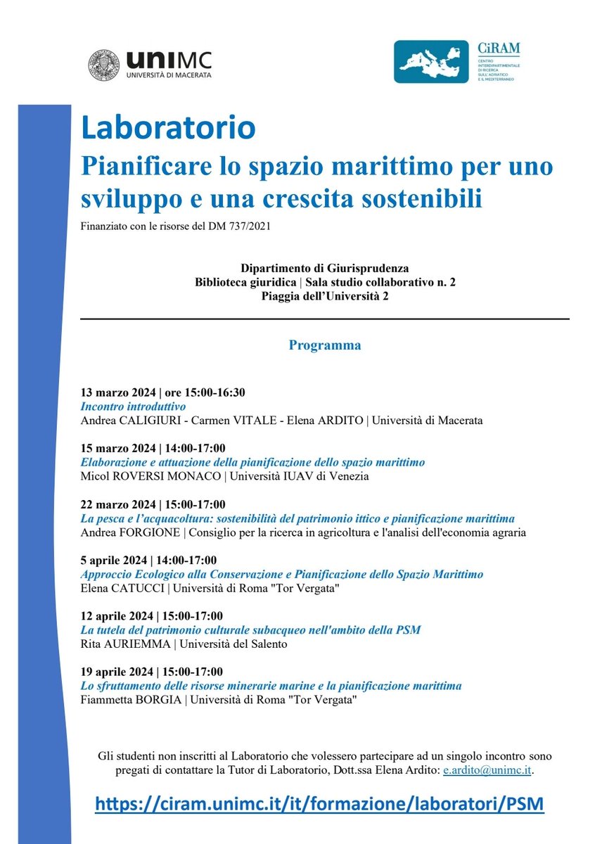 aerdnaert's tweet photo. Il programma completo del Laboratorio sulla pianificazione spaziale marittima a @UniMC, con la presenza di 5 esperti di chiara fama!!!
Organizzato dal #CiRAM (@AdriaMed) https://t.co/LnBgrFpivt