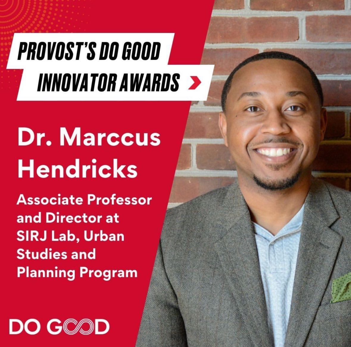 Stormwater Infrastructure Resilience & Justice Lab (@sirjlab) on Twitter photo Our director <a href="/mdhDuBois/">Marccus D. Hendricks</a> received the Provostโs <a href="/DoGoodatUMD/">Do Good Institute</a> Innovator Award!
The award recognizes excellence by members of the UMD community who create social impact through education, programs, and research, both in and outside the classroom.
We are so proud of you, Marccus! Our director <a href="/mdhDuBois/">Marccus D. Hendricks</a> received the Provostโs <a href="/DoGoodatUMD/">Do Good Institute</a> Innovator Award!
The award recognizes excellence by members of the UMD community who create social impact through education, programs, and research, both in and outside the classroom.
We are so proud of you, Marccus!