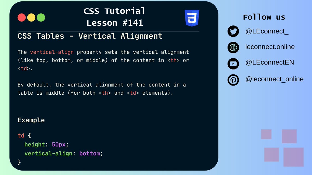 LEconnect_'s tweet photo. Daily content at 12pm about CSS.
Free CSS course. Learn now: https://t.co/3V9wwzolSK

#html #css #javascript #react #vuejs #php #csstutorialforbeginner #csstutorials #csscoding #learncss #webdeveloper #website #coursecss #freecss https://t.co/Zo84tJMQVc