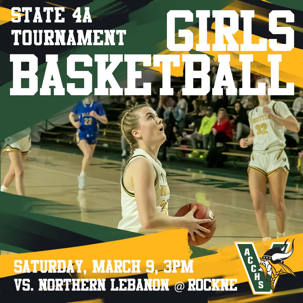 #VikingNation Girls Basketball 4A State Tournament, TODAY, Saturday, March 9 at 3pm at Rockne Hall! Come out and watch the Vikettes take on Northern Lebanon. Tickets: $8; purchase online at piaa.org/sports/tickets… Let's go, Vikes! #ViketteRumble #DistrictChamps 💛💚🏆