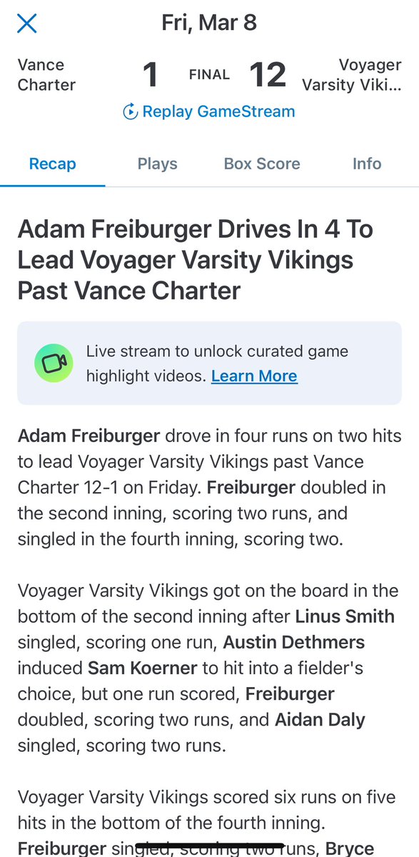 Adam Freiburger (@adamfreiburger6) on Twitter photo Went 2-2 at the plate with a 2B, 1B, and 4RBI’s. Closed the game with 1IP, 2K, 1BB, 0ER.
<a href="/Megastarbasebal/">Charlotte Megastars Baseball</a> <a href="/UNCWBaseball/">UNCW Baseball</a> <a href="/RadfordBaseball/">Radford Baseball</a> <a href="/VAHS_Vikings/">Voyager Academy Athletics</a> <a href="/VoyagerBASE/">Voyager Academy Baseball</a> <a href="/PerfectGameUSA/">Perfect Game USA</a> @PBR_Uncommitted <a href="/PrepBaseballNC/">Prep Baseball North Carolina</a> Went 2-2 at the plate with a 2B, 1B, and 4RBI’s. Closed the game with 1IP, 2K, 1BB, 0ER.
<a href="/Megastarbasebal/">Charlotte Megastars Baseball</a> <a href="/UNCWBaseball/">UNCW Baseball</a> <a href="/RadfordBaseball/">Radford Baseball</a> <a href="/VAHS_Vikings/">Voyager Academy Athletics</a> <a href="/VoyagerBASE/">Voyager Academy Baseball</a> <a href="/PerfectGameUSA/">Perfect Game USA</a> @PBR_Uncommitted <a href="/PrepBaseballNC/">Prep Baseball North Carolina</a>