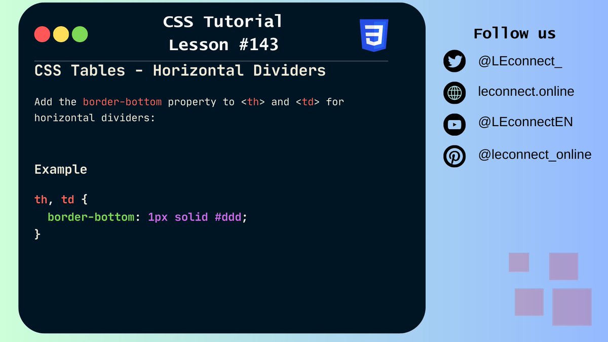 LEconnect_'s tweet photo. Daily content at 12pm about CSS.
Free CSS course. Learn now: https://t.co/3V9wwzoTIi

#html #css #javascript #react #vuejs #php #csstutorialforbeginner #csstutorials #csscoding #learncss #webdeveloper #website #coursecss #freecss https://t.co/q3Fiz9XghG