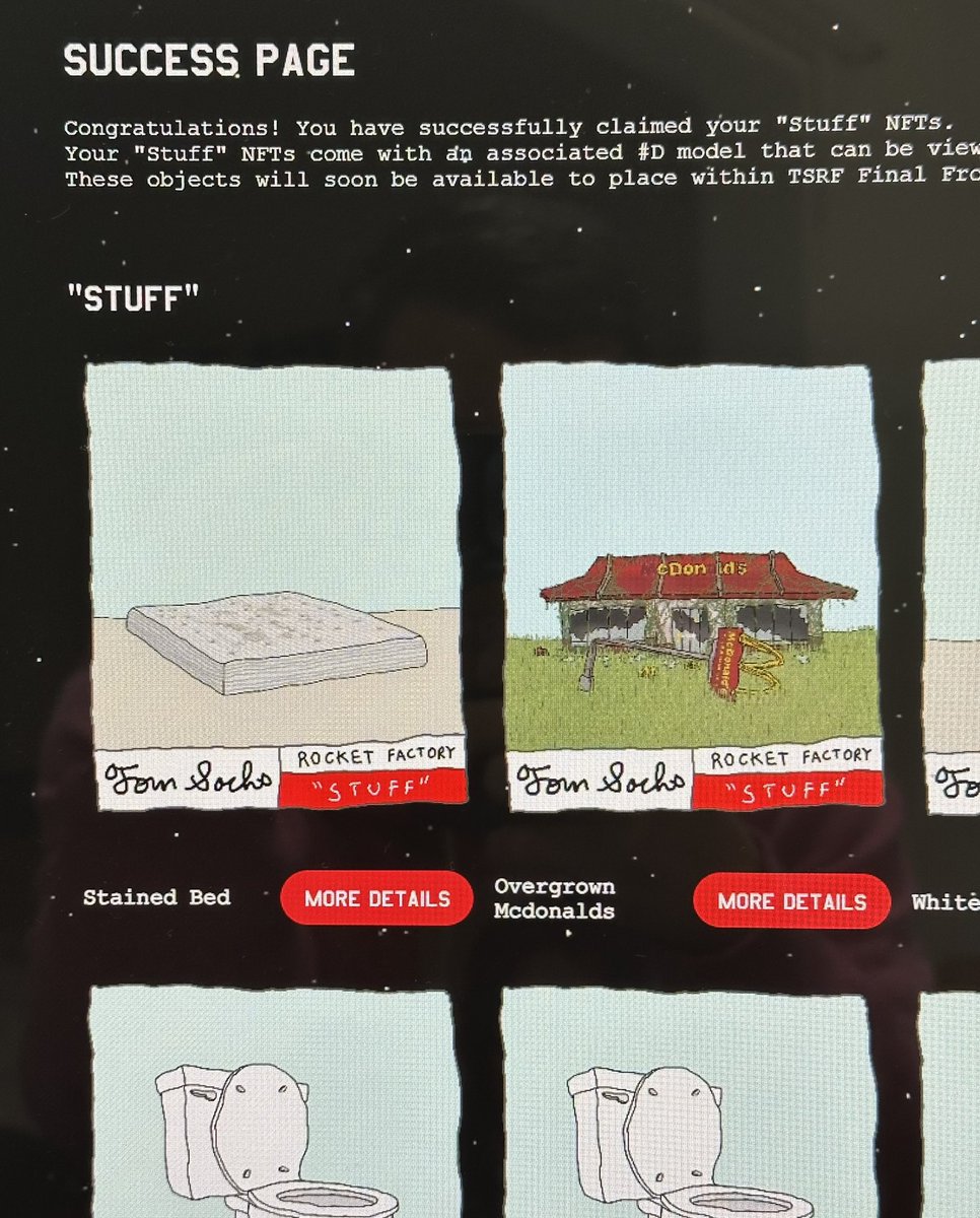 Yes I have a problem . I told myself I was only gonna mint 100 <a href="/tom_sachs/">Tom Sachs</a> stuff but I couldn’t stop. This was my best win. Filthy mattress AND overgrown <a href="/McDonalds/">McDonald's</a> . Thanks <a href="/tsrocketfactory/">Tom Sachs: Rocket Factory</a> . I’ll be spending the rest of the afternoon, with the gambling hotline. <a href="/FLAMINGODAO/">FLAMINGO 🦩</a>