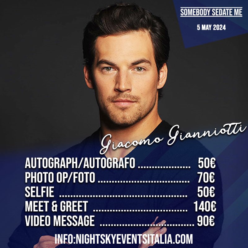 #SomebodySedateMe

Siamo felici di riconfermare Giacomo Gianniotti come ospite all’evento! È un ospite BONUS

Lo shop è di nuovo aperto!

[ENG]

We’re happy to reconfirm <a href="/GiacomoKG/">Giacomo Gianniotti</a> as our guest at the event! He’s a BONUS guest

The shop is back online!

eventix.shop/aabqz6fg