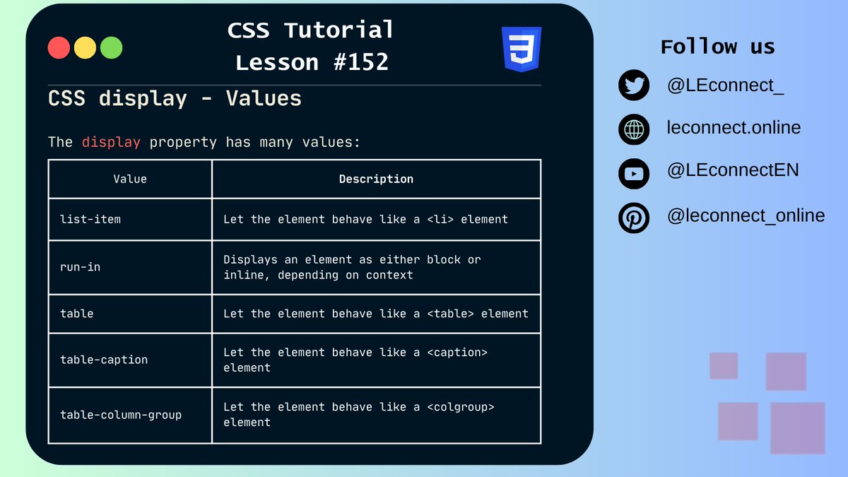 LEconnect_'s tweet photo. Daily content at 12pm about CSS.
Free CSS course. Learn now: https://t.co/3V9wwzolSK

#html #css #javascript #react #vuejs #php #csstutorialforbeginner #csstutorials #csscoding #learncss #webdeveloper #website #coursecss #freecss https://t.co/21KoonFdmn