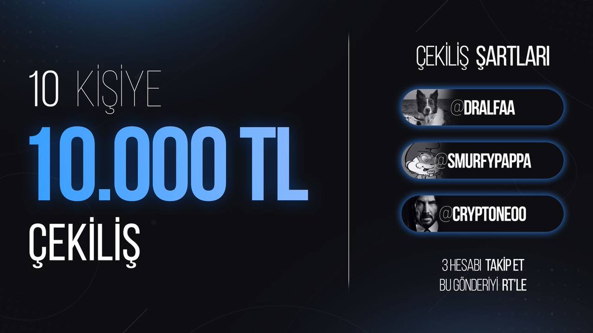 🎁 BÜYÜK ÇEKİLİŞ - 10.000 TL 🎁

Kazandıklarımızın bir kısmını sizlerle paylaşıyoruz.

🔖 10 kişiye, 10.000 ₺ (kişi başı 1000 ₺) hediye ediyoruz. 

📝 Şartlar çok basit  👇
@dralfaa
<a href="/smurfypappa/">Şirin Baba</a>
<a href="/CryptoNeoo/">Crypto Neo</a> hesaplarını takip et.
✅ Bu tweeti beğen, RT yap.

Sonuçlar, 12 Mart