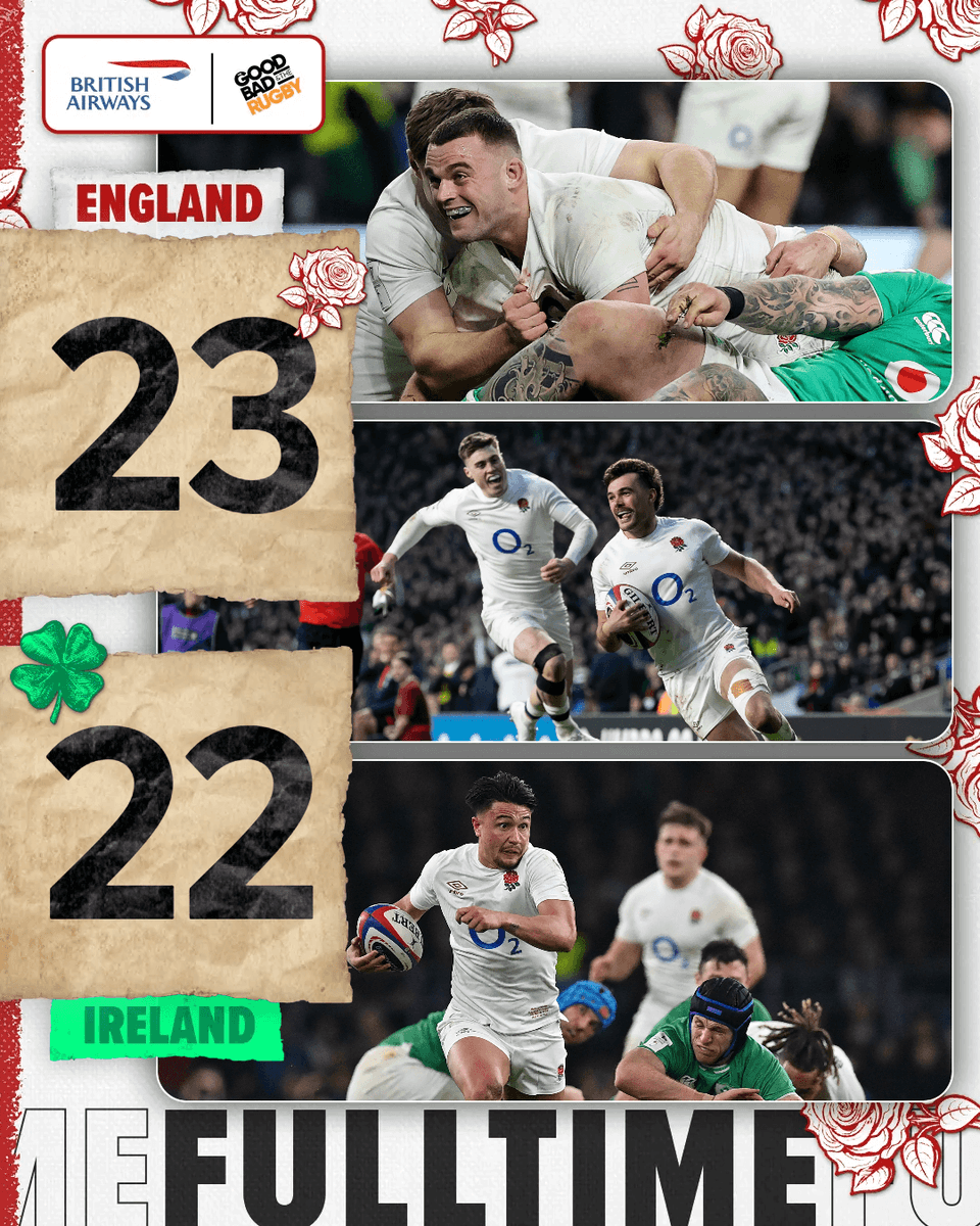 ENGLAND HAVE DONE IT!! Ireland are toppled in Twickenham 🌹🌹🌹

What a performance - how do you sum up THAT game in THREE words?

GBR's England coverage is in partnership with British Airway

#ENGvIRE #SixNations2024