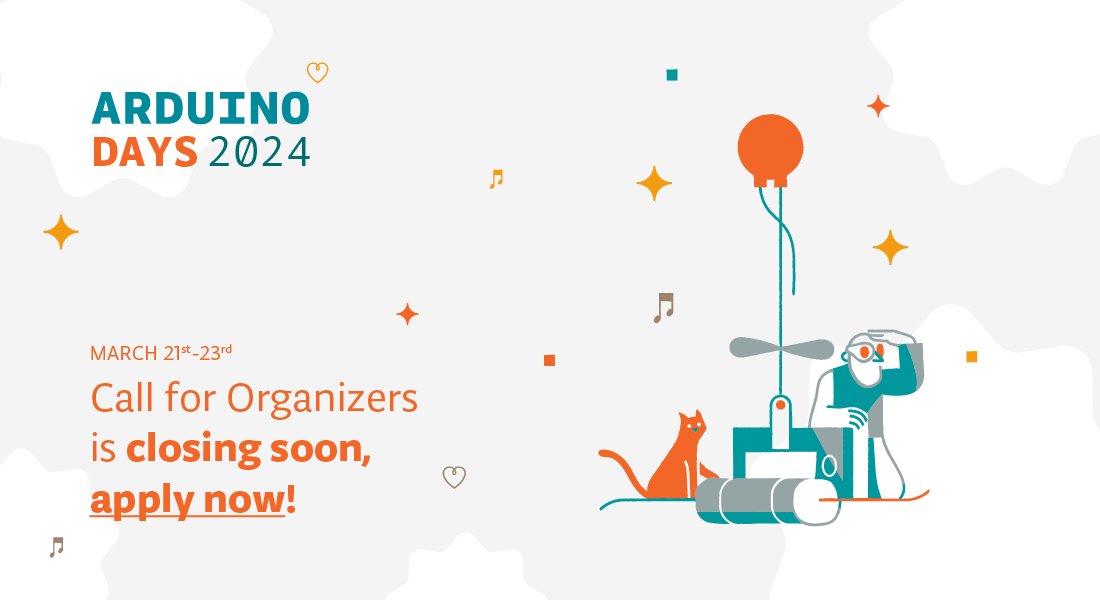 arduino's tweet image. 2⃣0⃣0⃣ celebrations and counting! 🎉
Are you hosting #ArduinoDays2024 activities in your community? Last chance to be recognized as an official Arduino event — the Call for Organizers closes March 10th.
Apply now: days.arduino.cc/events