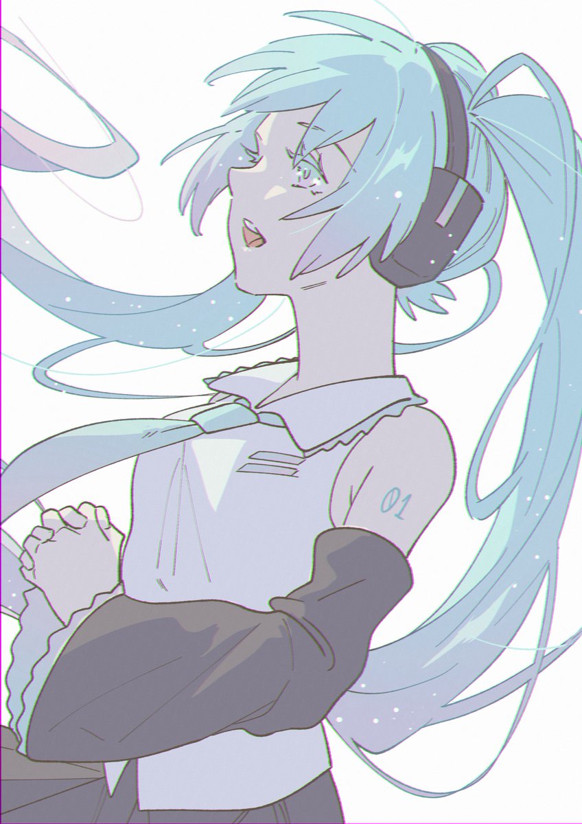 hatsune miku 1girl solo own hands together long hair twintails detached sleeves shirt  illustration images