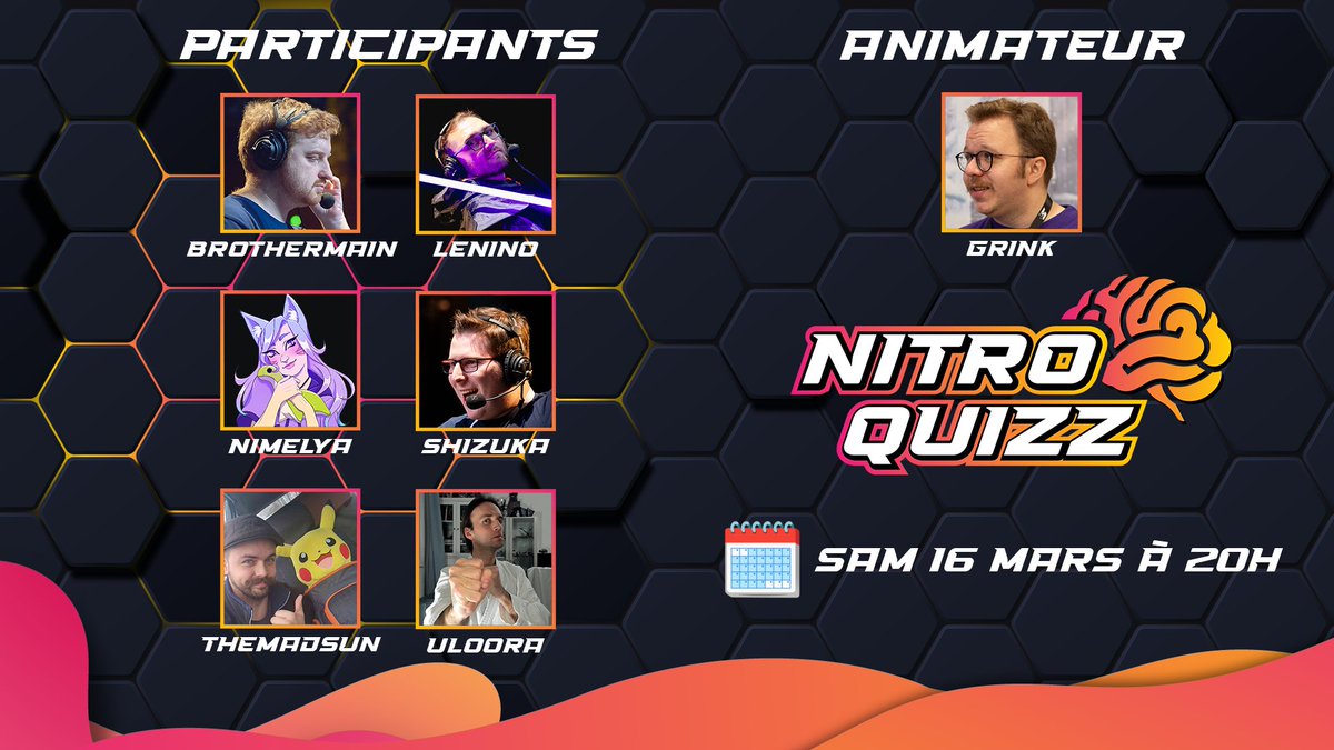 📢 Nitro Quizz ! 🧠

Pour cette 5ème édition de Nitro Quizz nous accueillerons 6 nouvelles personnes pour répondre aux questions de notre cher <a href="/Grink/">grink✨</a> ! 

⏱️RDV le Sam 16 Mars 20h sur notre chaîne Twitch  twitch.tv/nitro_speedrun