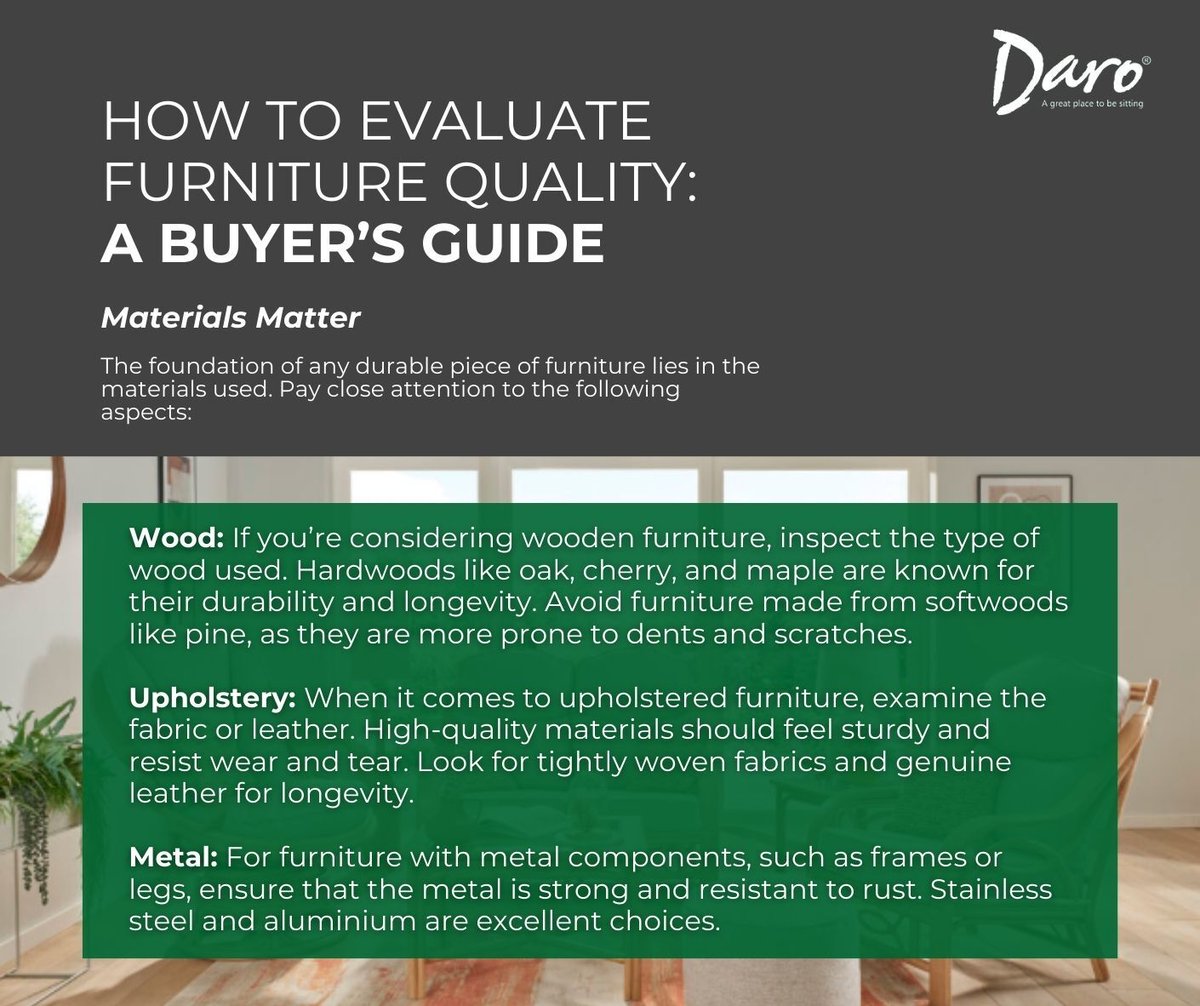 Darocane's tweet image. From the sturdy elegance of hardwoods to the luxurious durability of genuine leather, discover how materials make all the difference. Elevate your space with furniture that stands the test of time.

daro-cane.co.uk/knowledge-hub/

#furnituredetective #qualitymatters #madetolast