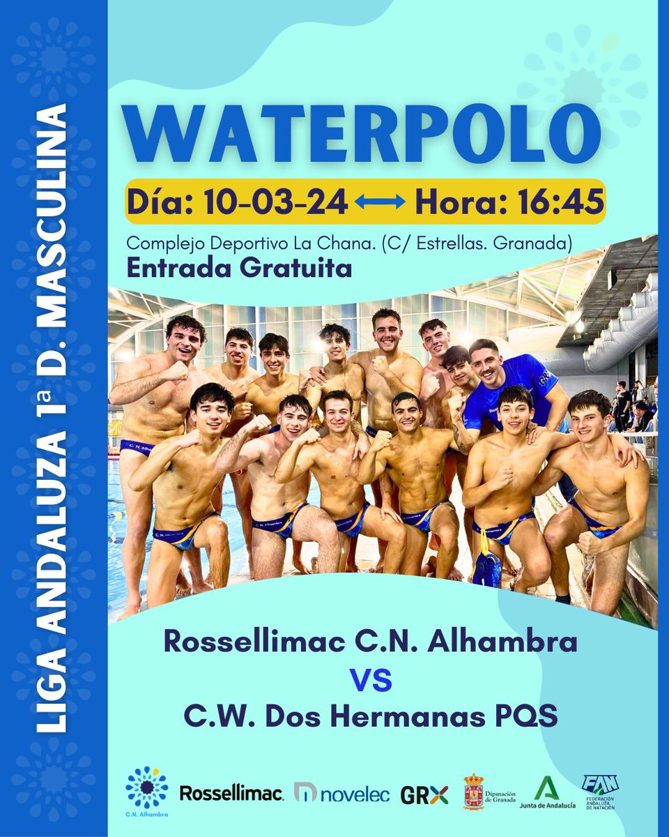 ¡Este domingo partidazo!
👉🏻 Rossellimac Club Natación Alhambra 🔛 Club Waterpolo Dos Hermanas PQS
📆 Domingo 10 de Marzo
⏰ 16:45 h 
📍Piscina Complejo Deportivo La Chana 
🏆 Liga Andaluza 1a División Masculina
#waterpolo #elwaterpolomola #ligaandaluzawaterpolo