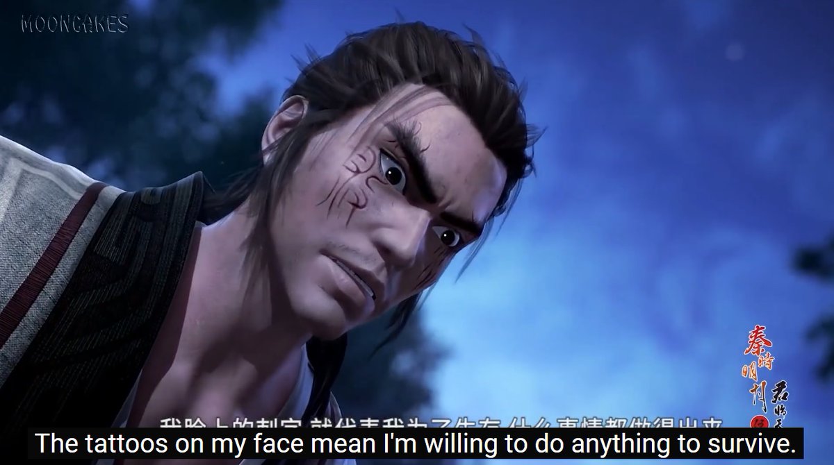 5Water_Kohaku's tweet photo. #QinsMoon Someone asked what the words on Ying Bu's face read. I had to ask a friend, wondering why I never thought of doing so before.
The character over the the right eye reads 杀 (殺), meaning to kill. The character on the left is 灭 (滅), probably meaning to exterminate. https://t.co/wHQROTfJ56