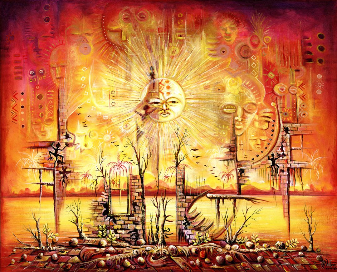 #AfricanArt #surrealism #surrealart #artprint
Painting of the Day. Sun Shine in My Mind
 > > artcameroon.com/sun-shine-in-m…
The sun is seen above a post-apocalyptic surreal landscape, birds are flying about and ancestors are looking down appearing as spirits in the background.