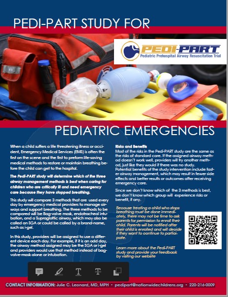 Difficulty breathing from trauma is one of the most common reasons to call an ambulance, or EMS, for a child. Our PEDI-PART study seeks to find the best method to restore or maintain breathing before a child arrives in the emergency department. Learn more: bit.ly/3V5cQAe