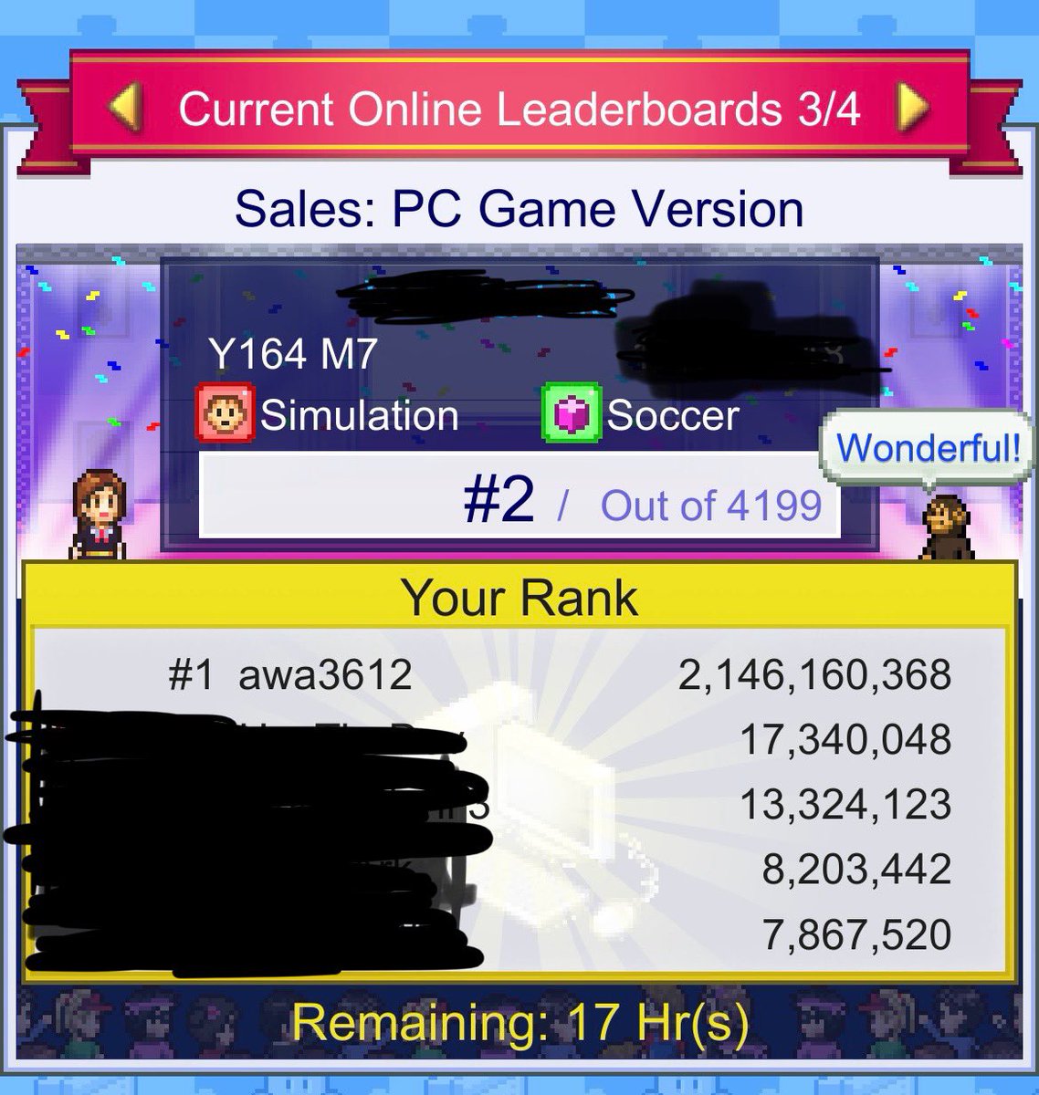 CreativeHev's tweet photo. @kairokun2010 I think someone is cheating on Game Dev Story - no way is this a realistic score. https://t.co/K5us92T5PC