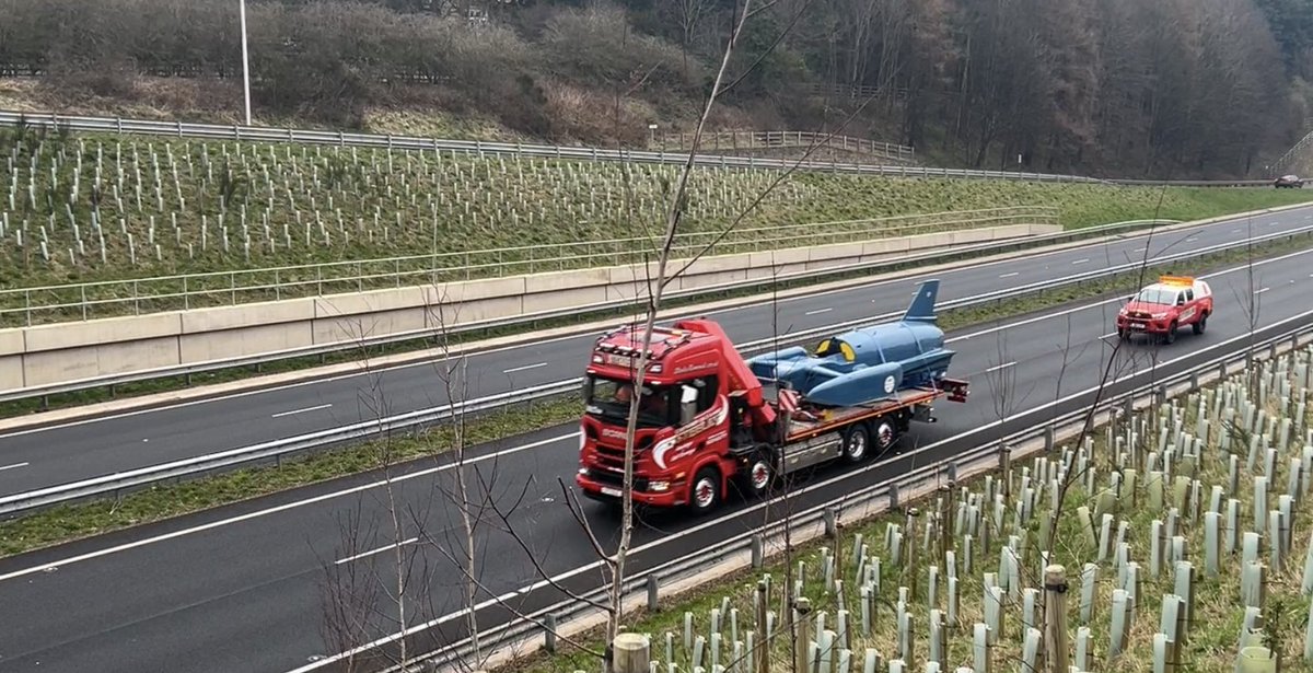 Bluebird on the A69 near Hexham en route to her new home at Coniston’s Ruskin Museum in Cumbria