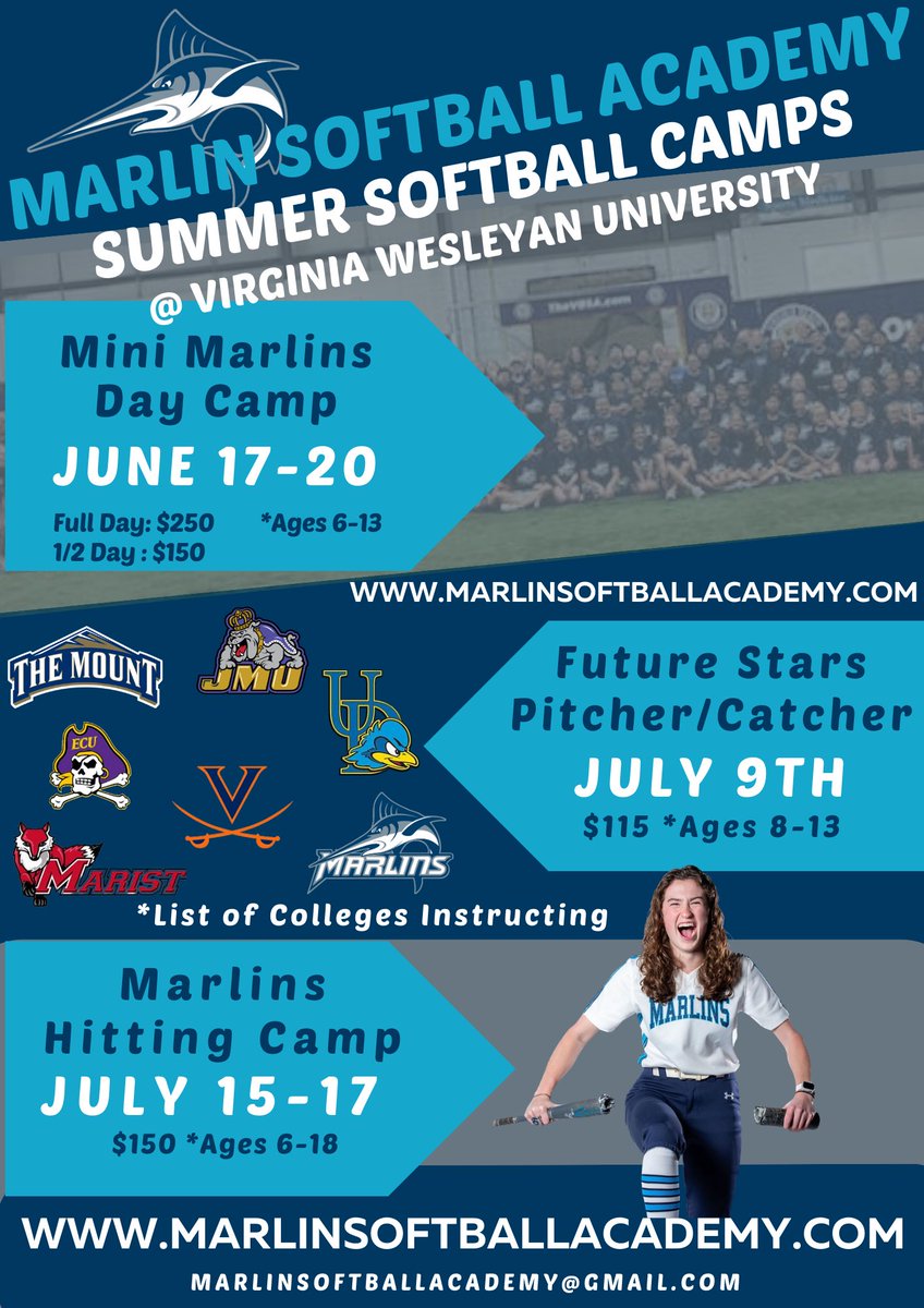 Marlin_Softball's tweet photo. Youth Summer Softball Camps at Virginia Wesleyan! Registration is open! The Summer is coming &amp; so is camp season! Deposits are accepted to hold your spot! https://t.co/hySoELZRoM https://t.co/VvtaX8greJ