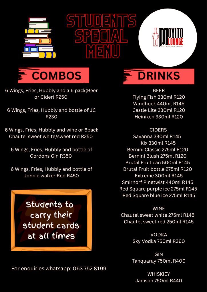 Zamo_MaBhungane's tweet photo. Woza neSTUDENT CARD sakho to take advantage of these deals @MOYITOLOUNGE 25 Mkhize rd Nazareth Pinetown https://t.co/HQ5eTCqbWy