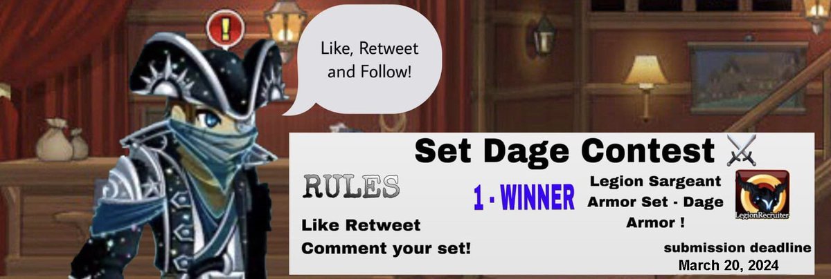 𝐒𝐄𝐓 𝐋𝐄𝐆𝐈𝐎𝐍 𝐂𝐎𝐍𝐓𝐄𝐒𝐓!

𝘙𝘜𝘓𝘌𝘚:

- Like and RT
- LEGION ITEM ONLY!
- HEROMART - Dage Armor
   (only 1 winner 🥇)

Date: 05/20/2024

For more information, read the poster!!!