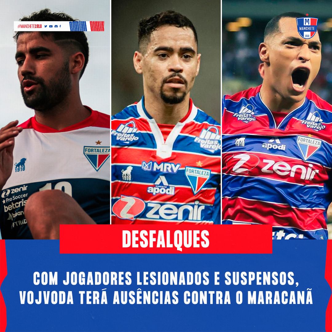 manchete1918's tweet photo. AUSÊNCIAS IMPORTANTES!

Visando o primeiro jogo da semifinal contra o Maracanã, o treinador Vovjoda terá uma lista de jogadores que desfalcarão o Fortaleza no duelo.

São eles:
- Suspensos: Brítez e Pikachu
- Lesionados: Dudu, Escobar, Hércules e Titi
- Em transição: Calebe https://t.co/2lfuzS1iIl