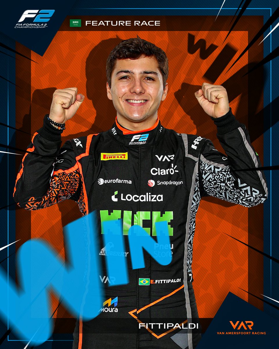 Formula2's tweet photo. THE LITTLE SHARK! 🦈

@enzofitti WINS THE JEDDAH FEATURE RACE!!! 🏁

VAMOOOOO ENZOOOOO!!! 

#SaudiArabianGP #F2 https://t.co/XhWkdIZi2k
