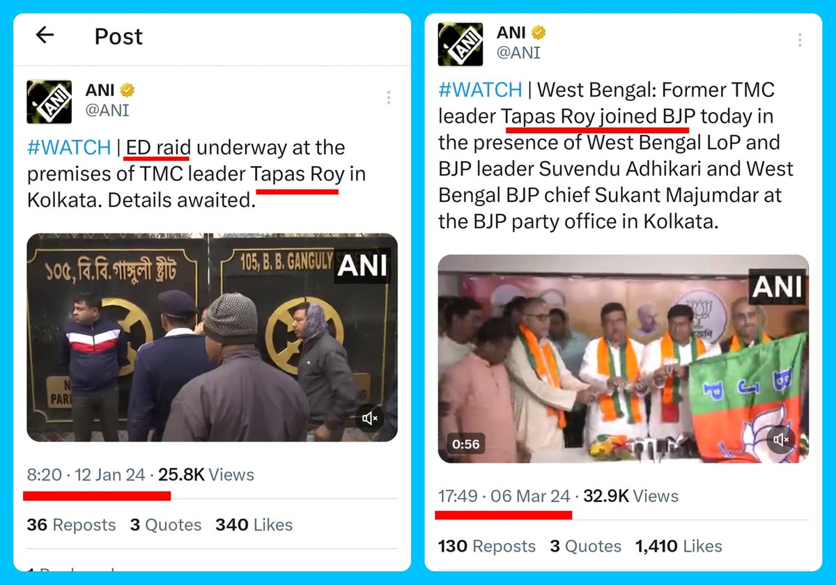ABSiddiqueWB's tweet photo. Step 1 : 12 Jan 2024
ED raid underway at the premises of TMC leader Tapas Roy in Kolkata.

Step 2 : 06 March 2024
Former TMC leader Tapas Roy joined BJP today.
#EDNIAPoliticalToolsofBJP https://t.co/fXszMGDZyh