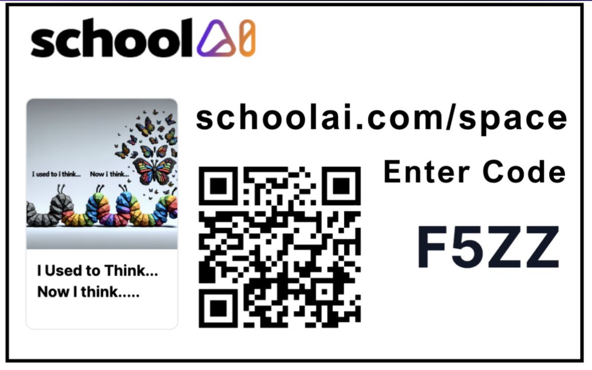 braveneutrino's tweet image. I use SchoolAI to #personalizelearning. The Space is based on a @ProjectZeroHGSE #thinkingroutine 
I used to think... Now I think. 
It prompts students w/ reflective questions.  app.schoolai.com/space?code=F5ZZ