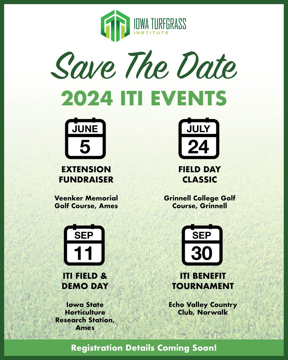 Mark your calendars for these upcoming ITI events!! Keep an eye out for more details as these events get closer! <a href="/iowa_stma/">Iowa SFMA</a> <a href="/GcsaIowa/">IowaGCSA</a> <a href="/iowalawncare/">IPLCA</a>